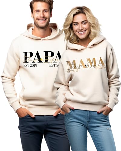 Mama und Papa Pullover personalisiert mit 3 Kindernamen, Damen Herren Partner Pulli mit Kapuze 2er Set für Paare Familie, Kapuzenpullover schwarz weiss rosa weiß 2 Kinder Namen, Outfit Bio Baumwolle von MAMAHUHU
