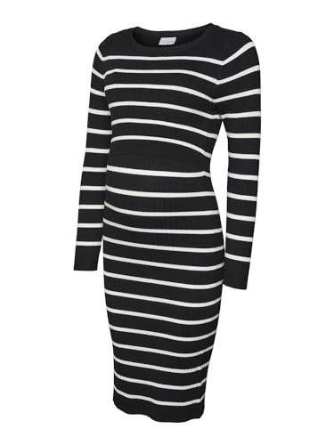 Mamalicious Damen MLNEWSIV June LS UK Knit Dress 2F A NOOS Strickkleid, Black/Stripes:Snow White, Large von MAMALICIOUS