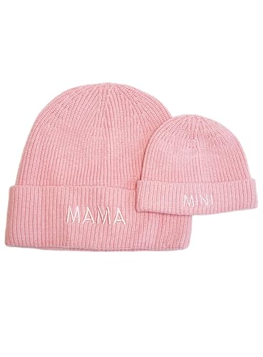 MAMARELLA Partnerlook Mützen Set in Rosa aus weichem Strick, Mama Baby Mütze Beanie, Mini Stickerei, Baby Geschenk Mädchen Geburt von MAMARELLA