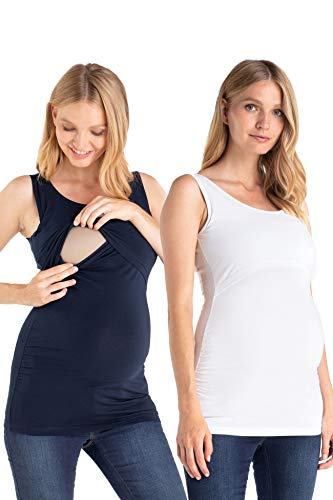 MAMARELLA Umstands- und Stilltop aus Bio-Baumwolle 2er Pack blau & weiß, Doppellagiges Schwangerschafts- und Stillshirt ärmellos mit Stillfunktion im 2er Set (L) von MAMARELLA