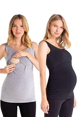 MAMARELLA Umstands- und Stilltop aus Bio-Baumwolle 2er Pack grau & schwarz, Doppellagiges Schwangerschafts- und Stillshirt ärmellos mit Stillfunktion im 2er Set (M) von MAMARELLA