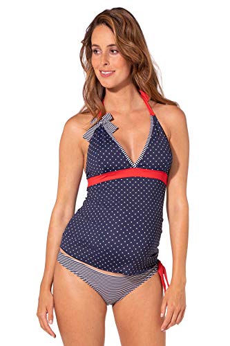MAMARELLA Umstandstankini mit Pünktchen und Streifen blau/rot M, Umstandsbademode Zweiteiler mit seitlicher Raffung und Neckholder für Schwangerschaft und Stillzeit, extra elastisch von MAMARELLA