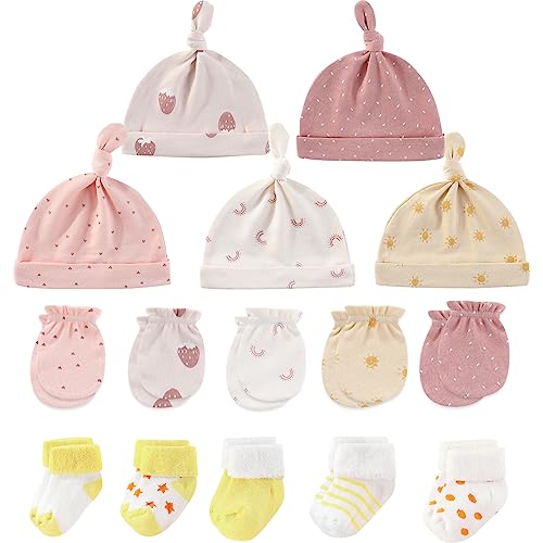 MAMIMAKA Baby Caps Handschuhe und dicke warme Socken Baumwolle Neugeborene Essentials Zubehör (Hüte+Handschuhe+Terry Socken),0-6 Monate von MAMIMAKA