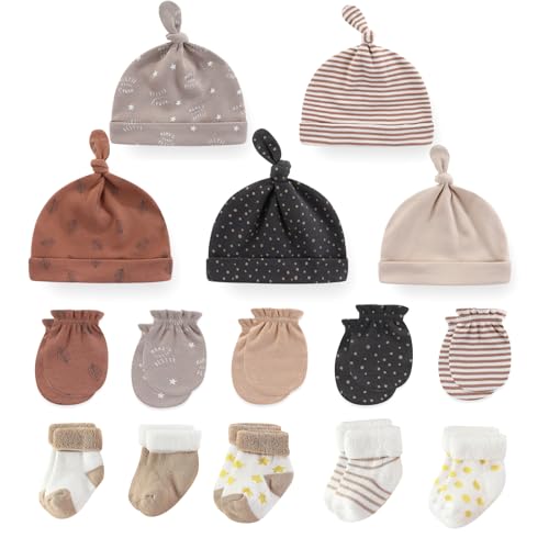 MAMIMAKA Baby Caps Handschuhe und dicke warme Socken Baumwolle Neugeborene Essentials Zubehör (Hüte+Handschuhe+Terry Socken),0-6 Monate von MAMIMAKA