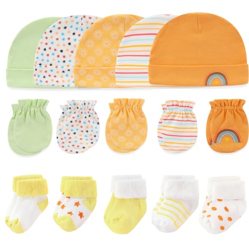 MAMIMAKA Baby Caps Handschuhe und dicke warme Socken Baumwolle Neugeborene Essentials Zubehör (Hüte+Handschuhe+Terry Socken),0-6 Monate von MAMIMAKA