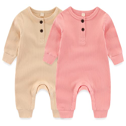 MAMIMAKA Baby Girls Romper Cotton one-Piece Pajamas Long Sleeved Footless Jumpsuit, 0-3 Months von MAMIMAKA