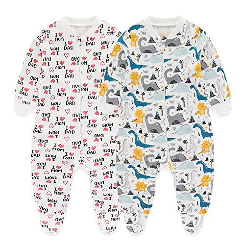 MAMIMAKA Baby Jungen Mädchen Schlafanzug 2-Wege-Reißverschluss Baumwolle Pyjama für Baby Strampler Neugeborene Spielen und Schlafen, Overall mit Füßen für 0-12 Monate von MAMIMAKA