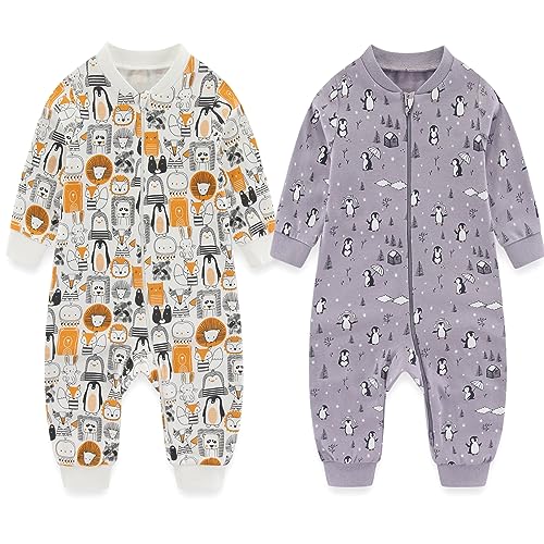 MAMIMAKA Baby Jungen Mädchen Strampler 2-Wege-Reißverschluss Einteiler Schlafstrampler zum Schlafen und Spielen, 0-24 Monate, Cartoon-Tiere/Pinguine, 3-6 Months von MAMIMAKA
