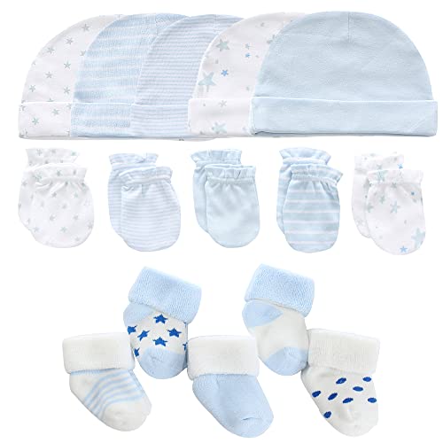 MAMIMAKA Baby Caps Handschuhe und dicke warme Socken Baumwolle Neugeborene Essentials Zubehör (Hüte+Handschuhe+Terry Socken),0-6 Monate von MAMIMAKA