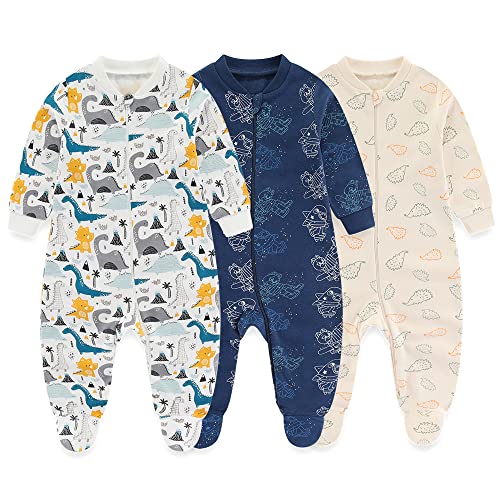 MAMIMAKA Neugeborene Baby Jungen Fuß Einteiliger Schlafanzug 3-Pack 2-Wege Reißverschluss Pyjamas für Spiel und Schlaf,3-6 Monate von MAMIMAKA
