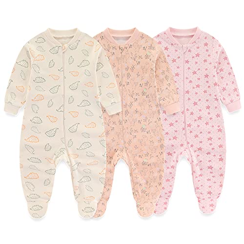 MAMIMAKA Neugeborene Baby Mädchen Einteiler Schlafanzug 3-Pack 2-Wege Reißverschluss Fuß Pyjamas für Spiel und Schlaf,6-9 Monate von MAMIMAKA
