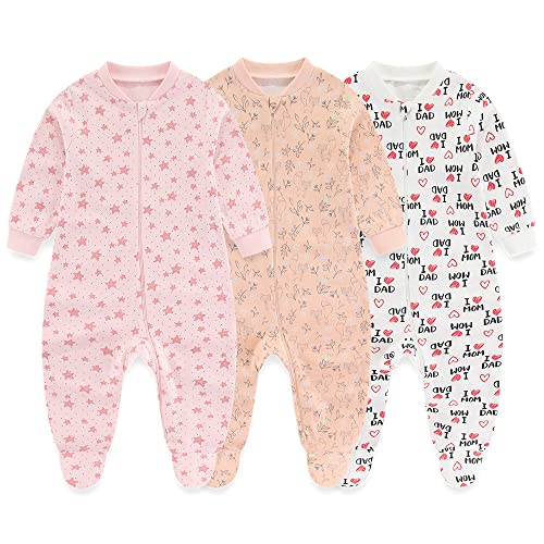 MAMIMAKA Neugeborene Baby Mädchen Einteiler Schlafanzug 3-Pack 2-Wege Reißverschluss Fuß Pyjamas für Spiel und Schlaf,6-9 Monate von MAMIMAKA