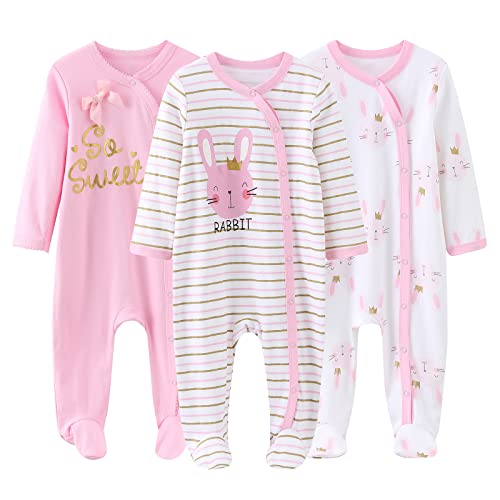 MAMIMAKA Newborn Baby Girls Footed one-Piece Pajamas Cotton Pink Jumsuit for Play and Sleep,0-3 Months von MAMIMAKA