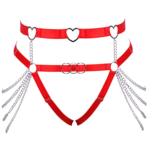 MAMOHSS 4-teilige Damen Körper Harness Elastischer Hohe Taille Gürtel Verstellbare Oberschenkel Strumpfbänder Käfigtyp Gothic TTanzkostüm passen Halloween Karneval (Red-0103) von MAMOHSS
