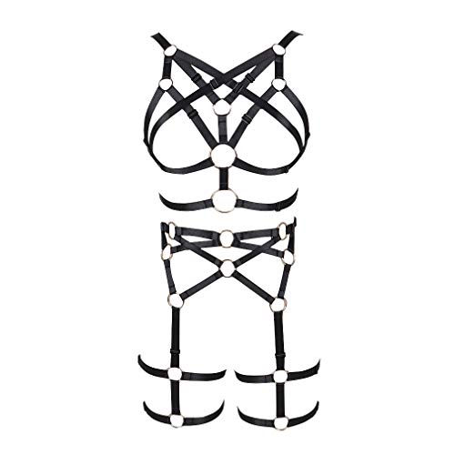 MAMOHSS Damen Elastischer Riemen Körpergeschirr Vollständiges Dessous-Set Punk Gothic Strapsgürtel für BH-Beine im Käfig (Schwarz) von MAMOHSS