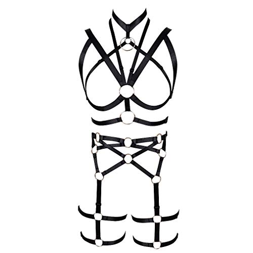 MAMOHSS Damen Punk Elastischer Riemen Voll Käfig-Auffanggurt Strumpfband Aushöhlen Top BH Dessous Set (Schwarz) von MAMOHSS