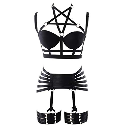 MAMOHSS Damen Schwarz Ganzkörpergurt BHS Elastisch Ernte Tops Dessous Set Strumpfbänder Punk Gothic Party Rave Tragen (Schwarz 2) von MAMOHSS