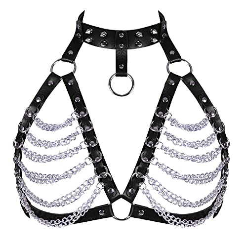 MAMOHSS Punk Layered Body Chain Schwarzer Gürtel Leder Brust Kette Schulter BH Harness Choker Kette Körper Schmuck Zubehör für Frauen und Mädchen (Black Silver) von MAMOHSS