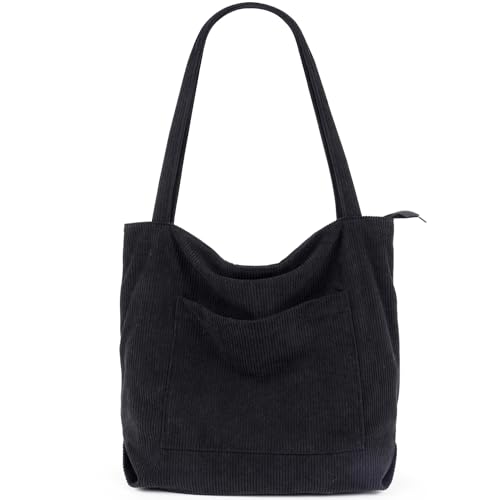 MAMUNU Cord Tasche Damen Groß Umhängetasche Tote Bag mit Reißverschluss Schultertasche Handtasche Shopper Beuteltasche Stofftasche Groß für Alltag Arbeit Büro Reisen College Schule Einkaufen von MAMUNU