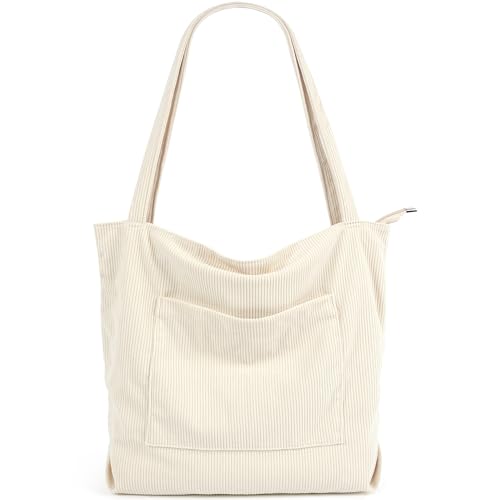 MAMUNU Cord Tasche Damen Groß Umhängetasche Tote Bag mit Reißverschluss Schultertasche Handtasche Shopper Beuteltasche Stofftasche Groß für Alltag Arbeit Büro Reisen College Schule Einkaufen von MAMUNU