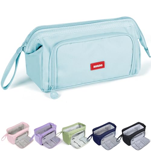 Federmäppchen Große Kapazität, Federmäppchen breite Öffnung mit 3 Fächer, Federtaschen mit Tragegriff für Teenager, Pencil Case Aesthetic, Tragbare Schreibwaren Stifttasche für Schule & Büro(Blau) von MAMUNU