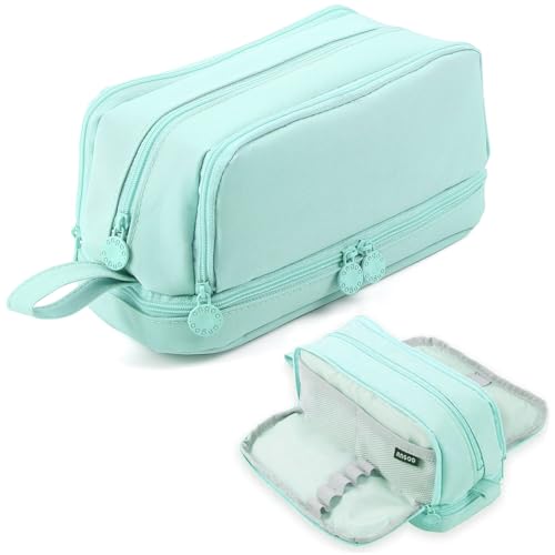 MAMUNU Großes Federmäppchen, 3 Fächer, für Erwachsene, erweiterbares Federmäppchen mit tragbarem Griff, Schreibwaren-Organizer, Hellgrün, Make-up-Tasche von MAMUNU