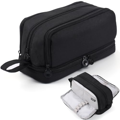 MAMUNU Großes Federmäppchen, 3 Fächer, für Kinder und Erwachsene, erweiterbares Federmäppchen mit tragbarem Griff, Schreibwaren-Organizer, Schwarz, Make-up-Tasche von MAMUNU