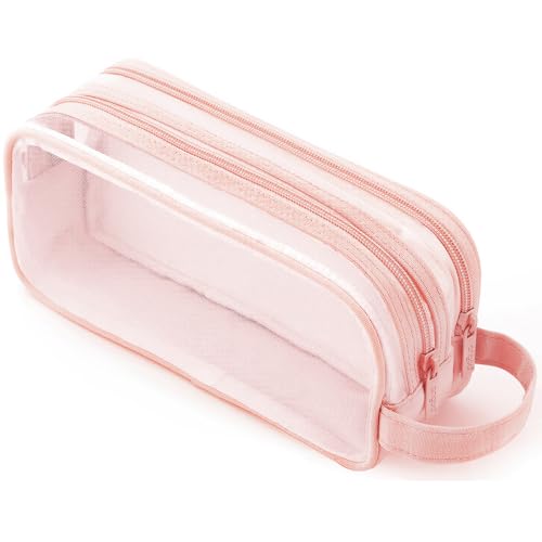 MAMUNU Mesh Pencil Case, Large Transparent Pencil Case with 2 compartments and Zipper, Clear Pencil Case Stationery Pouch for School College Home Office, Exam Pencil Case for Kids Boys Girls, rose, von MAMUNU