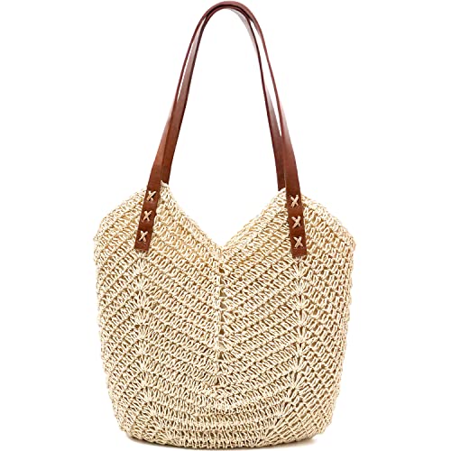 MAMUNU Stroh Handtasche Damen Große, Strohtasche Umhängetasche Reißverschluss, Sommer Strandtasche Damen, Handgewebt Schultertaschen Reisen Urlaub Strand (Beige von MAMUNU