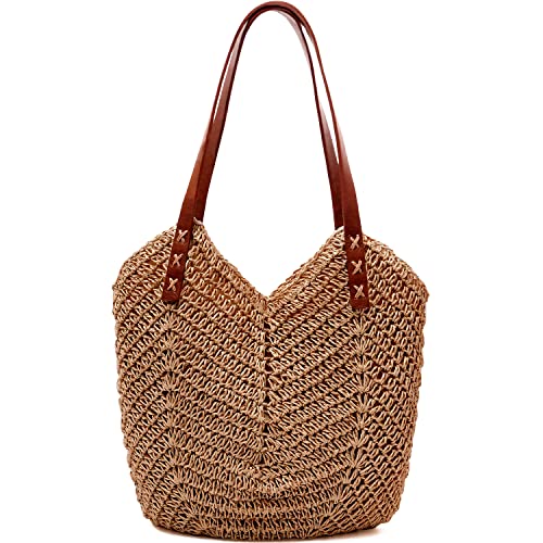 MAMUNU Stroh Handtasche Damen Große, Strohtasche Umhängetasche Reißverschluss, Sommer Strandtasche Damen, Handgewebt Schultertaschen Reisen Urlaub Strand von MAMUNU