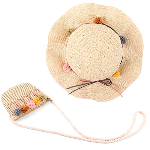 MAMUNU Strohhut und Kleine Tasche Set, Sommer Sonnenhut Mädchen Kinder, Kinderstrohhut mit Blumendekoration für den Tourismus Urlaub Reise Strand Outdoor-Aktivitäten,Stil 01 Beige von MAMUNU