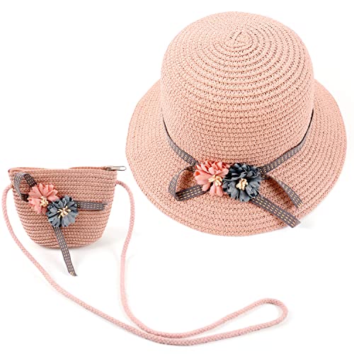 MAMUNU Strohhut und Kleine Tasche Set, Sommer Sonnenhut Mädchen Kinder, Kinderstrohhut mit Blumendekoration für den Tourismus Urlaub Reise Strand Outdoor-Aktivitäten,Stil 02 Rosa von MAMUNU