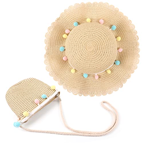 MAMUNU Strohhut und Kleine Tasche Set, Sommer Sonnenhut Mädchen Kinder, Kinderstrohhut mit Blumendekoration für den Tourismus Urlaub Reise Strand Outdoor-Aktivitäten,Stil 03 Beige von MAMUNU