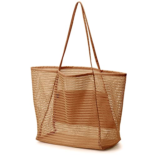 MAMUNU Mesh Strandtasche, Khaki Strandtasche Tote Bag mit Reißverschlusstasche, Große Netztasche für Mädchen Frauen, Beach Bags für Strand Pool Reisen Urlaub von MAMUNU