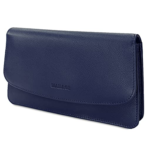 MANAGE Kosmetiktasche Damen mit Spiegel - Schminktasche klein aus echtem Leder - edle Clutch Blau 18,5x10x3,5cm von MANAGE