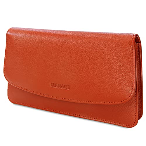 MANAGE Kosmetiktasche Damen mit Spiegel - Schminktasche klein aus echtem Leder - edle Clutch Orange 18,5x10x3,5cm von MANAGE