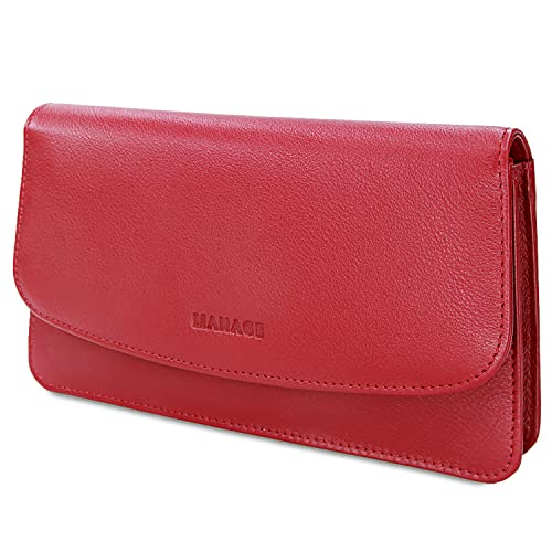 MANAGE Kosmetiktasche Damen mit Spiegel - Schminktasche klein aus echtem Leder - edle Clutch Rot 18,5x10x3,5cm von MANAGE
