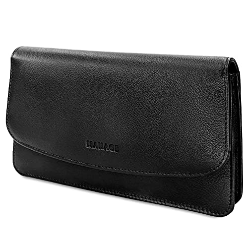 MANAGE Kosmetiktasche Damen mit Spiegel - Schminktasche klein aus echtem Leder - edle Clutch Schwarz 18,5x10x3,5cm von MANAGE