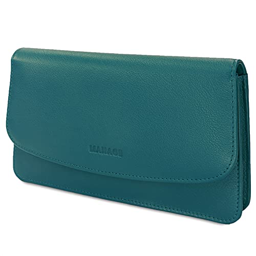 MANAGE Kosmetiktasche Damen mit Spiegel - Schminktasche klein aus echtem Leder - edle Clutch Türkis 18,5x10x3,5cm von MANAGE