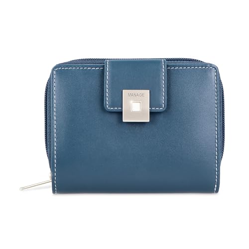 MANAGE Premium Geldbörse Damen Blau - RFID NFC Schutz - Geräumiges Echtleder Portemonnaie Frauen mittelgroß - Leder Geldbeutel viele Fächer mit Reißverschluss (Blau) von MANAGE