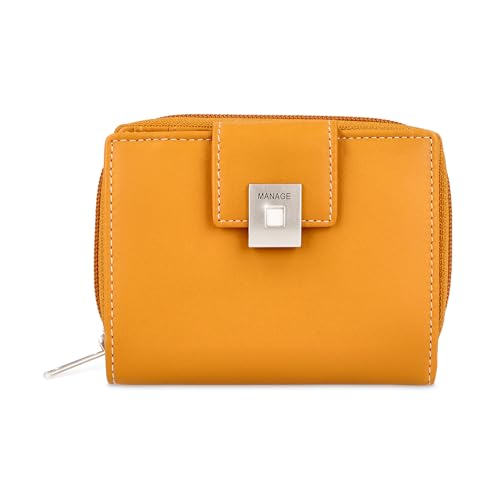 MANAGE Premium Geldbörse Damen Gelb - RFID NFC Schutz - Geräumiges Echtleder Portemonnaie Frauen mittelgroß - Leder Geldbeutel viele Fächer mit Reißverschluss (Gelb) von MANAGE