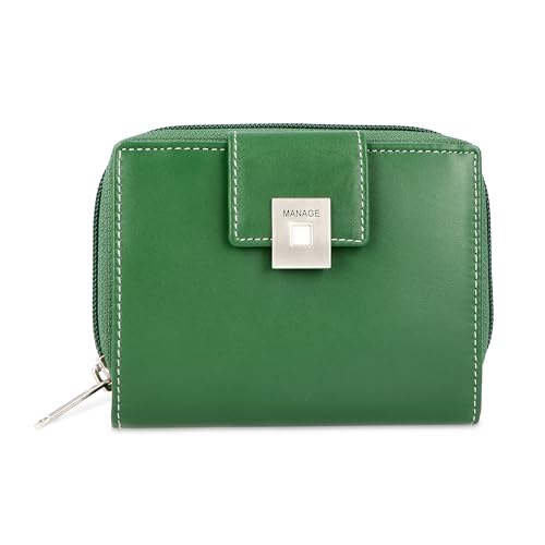 MANAGE Premium Geldbörse Damen Grün - RFID NFC Schutz - Geräumiges Echtleder Portemonnaie Frauen mittelgroß - Leder Geldbeutel viele Fächer mit Reißverschluss (Grün) von MANAGE