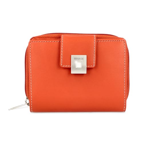 MANAGE Premium Geldbörse Damen Orange - RFID NFC Schutz - Geräumiges Echtleder Portemonnaie Frauen mittelgroß - Leder Geldbeutel viele Fächer mit Reißverschluss (Orange) von MANAGE