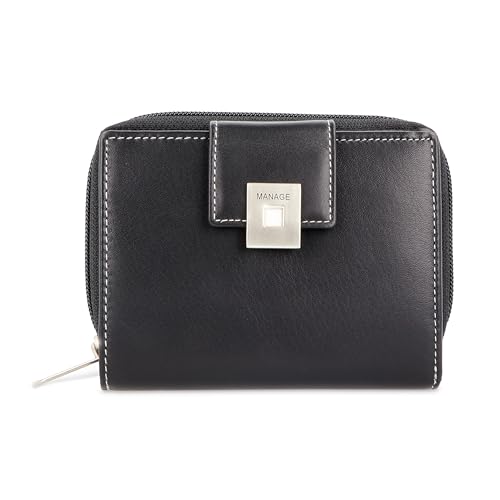 MANAGE Premium Geldbörse Damen Schwarz - RFID NFC Schutz - Geräumiges Echtleder Portemonnaie Frauen mittelgroß - Leder Geldbeutel viele Fächer mit Reißverschluss (Schwarz) von MANAGE