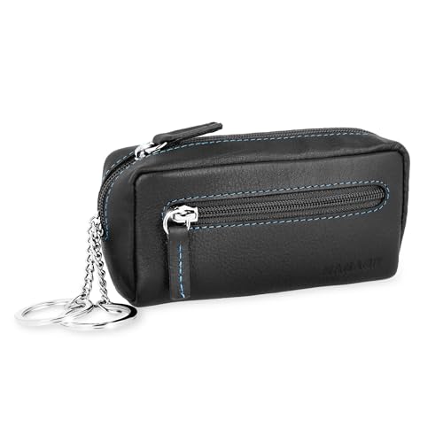 MANAGE XXL Schlüsseltasche Leder Schwarz blaue Naht für Damen und Herren - Schlüsseltasche mit Münzfach - echtleder Schlüsseletui Schlüsselmäppchen Unisex Schlüssel Autoschlüssel (Blau-Schwarz) von MANAGE
