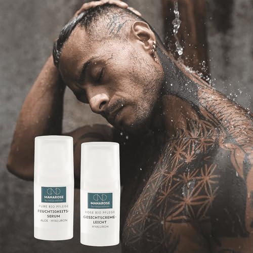 MANAROSE Gesichtspflege Set - After Shave I vegan I 1 x 30 ml Feuchtigkeits-Serum Aloe Hyaluron & 1 x 50 ml Gesichtscreme Leicht Hyaluron I für Damen & Herren I zertifizierte BIO-Kosmetik von MANAROSE