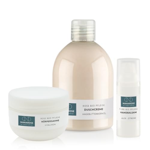 MANAROSE Körperpflegeset Body Love I 1x 200 ml Körpersahne Rose, 1x 50 ml Handbalsam & 1x Duschcreme Hagebuttenkernöl I für Damen & Herren I zertifizierte BIO Kosmetik von MANAROSE