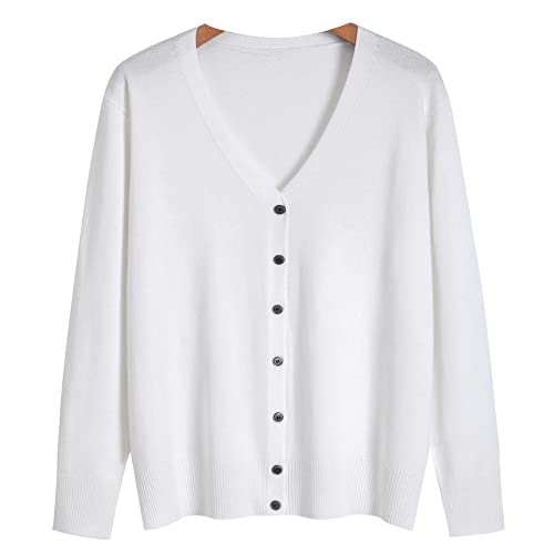 MANBOZIXi Damen Strickjacke Sommer Leicht V-Ausschnitt Elegant Cardigan Langarm, Weiß 3XL von MANBOZIXi