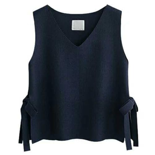 MANBOZIXi Damen Strickweste V Ausschnitt Pullunder Elegant Strickpullover Ohne Arm, Dunkelblau XL von MANBOZIXi