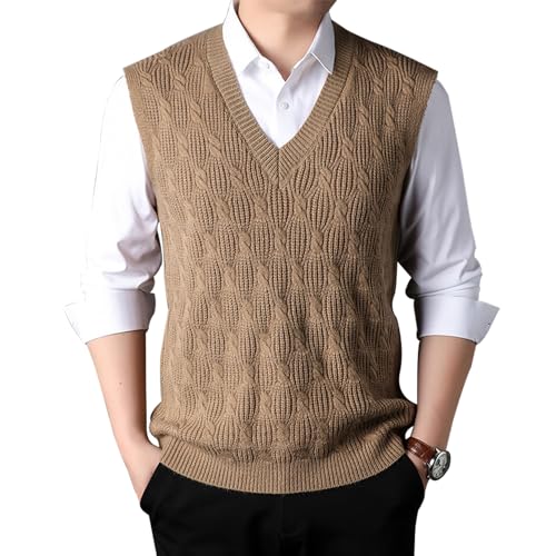 MANBOZIXi Herren Strick Pullunder V-Ausschnitt, Jacquard Strickweste, Strickpulli Herren Ärmellos, Khaki XL von MANBOZIXi